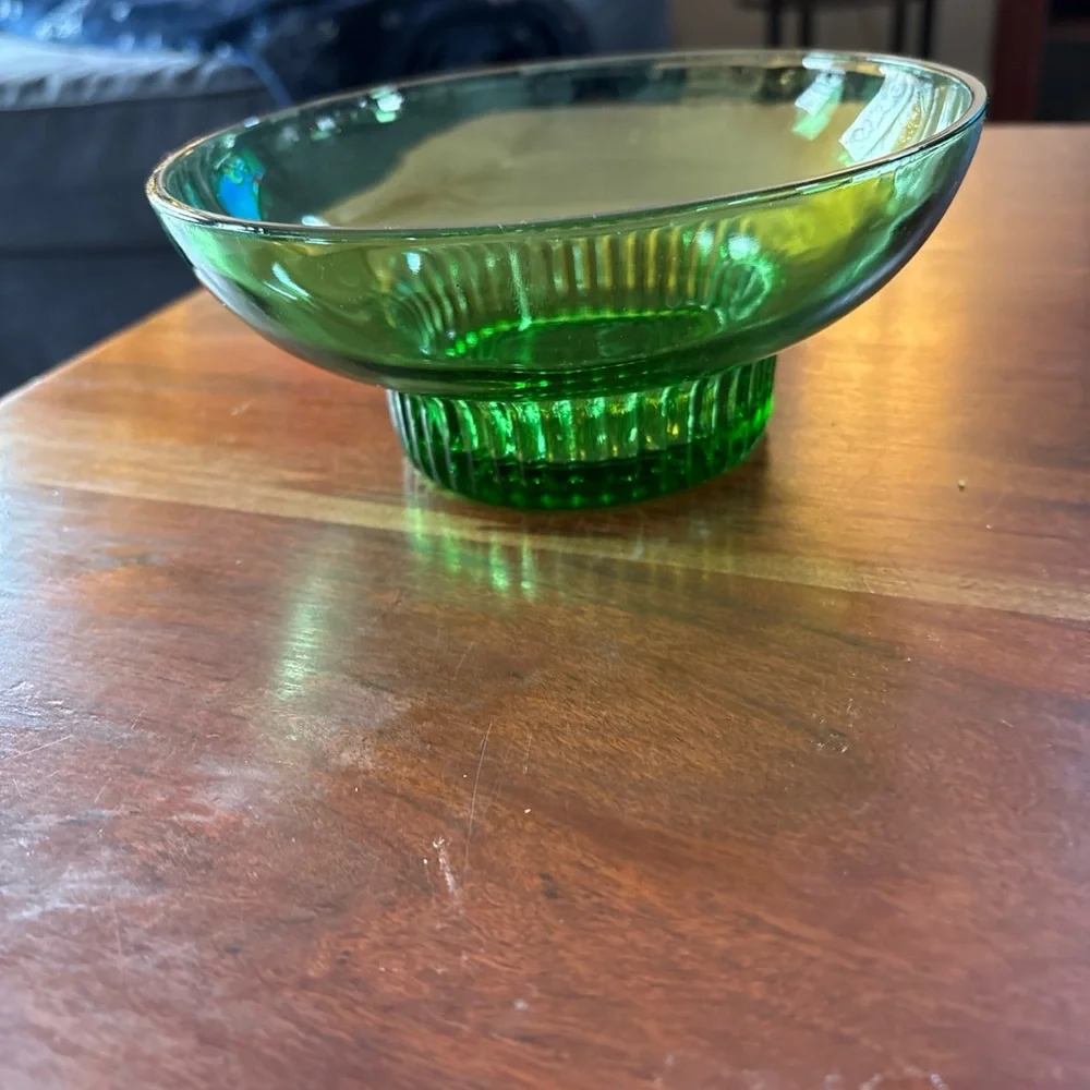 Vintage A L Randall Co. 1960’s Green Candy Bowl with Ribbed Collar Base